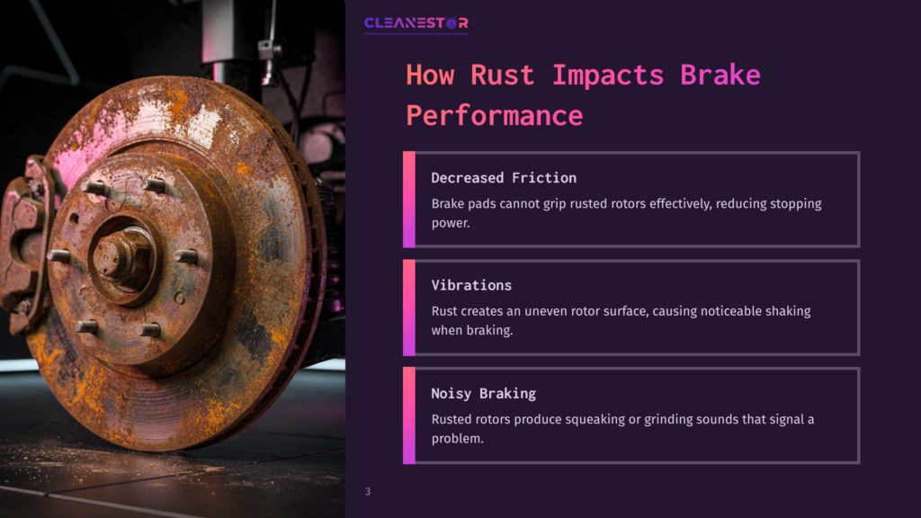 3 How Rust Impacts Brake Performance Close-Up Of A Rusty Brake Rotor On A Workshop Surface, Highlighting Corrosion And Wear, With Textual Highlights On Brake Performance Issues.