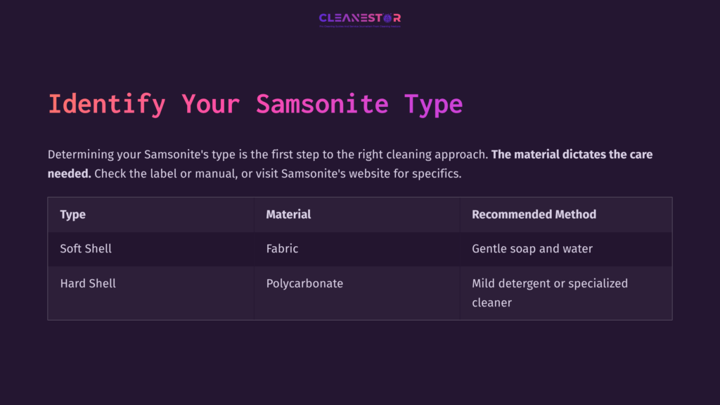 Table With A Dark Purple Background Listing Samsonite Luggage Types, Materials, And Recommended Cleaning Methods In Clear, Bold Text.