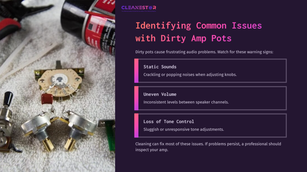 Close-Up Of Guitar Amp Pots On Towel, Accompanied By Notes On Cleanings Issues Like Static Sounds And Uneven Volume.