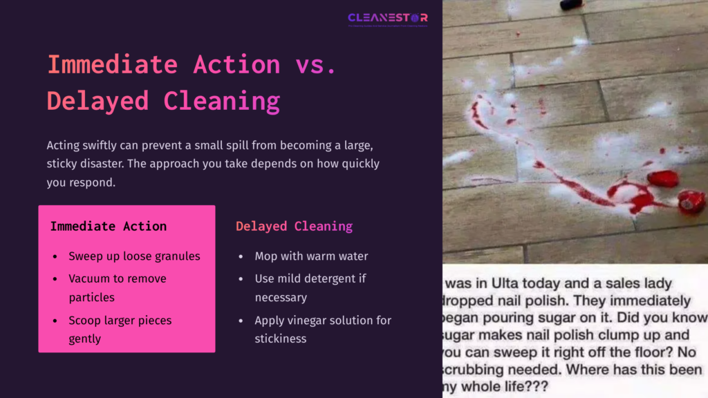 Splattered Sugar On A Wooden Floor Next To Cleaning Tips—Immediate Action And Delayed Cleaning—Highlighting Two Approaches.
