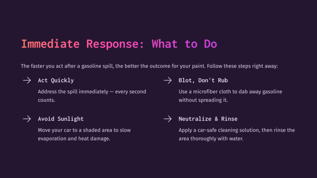 Text On A Dark Purple Background Outlines Steps For Cleaning Gasoline Off Car Paint: Act Quickly, Blot, And Neutralize.