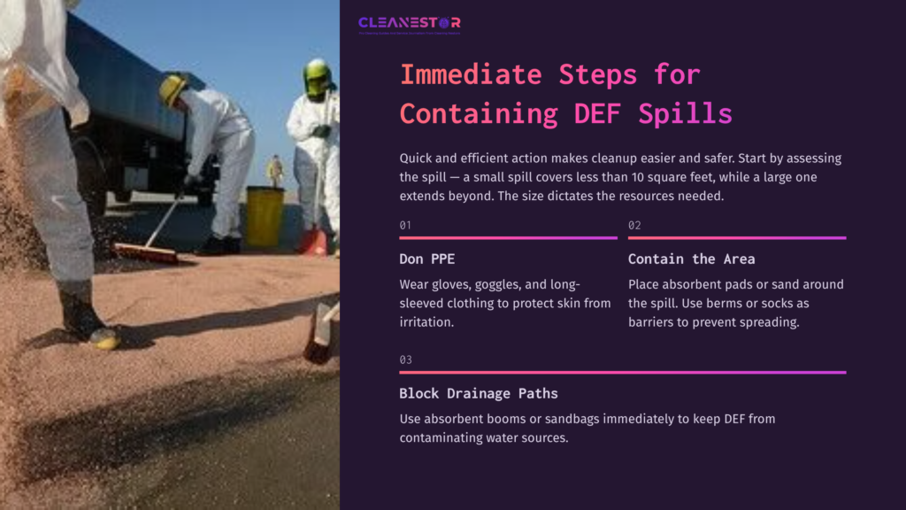 Workers In Protective Gear Use Absorbent Materials To Contain A Liquid Spill On The Ground, Surrounded By Safety Equipment And Instructions.