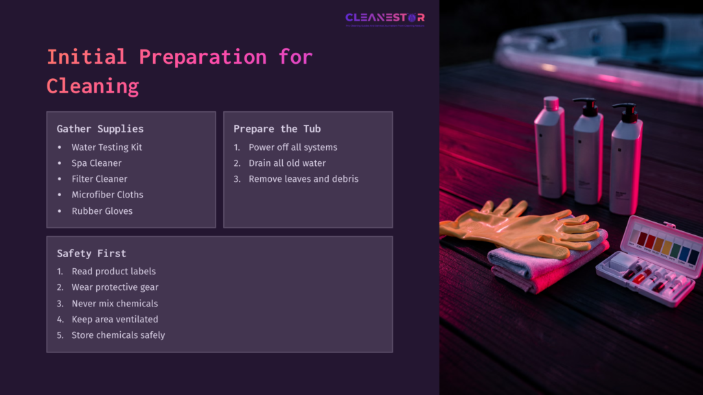 Supplies For Cleaning A Hot Tub: Water Testing Kit, Spa Cleaner, Microfiber Cloths, Rubber Gloves, And Safety Instructions On A Dark Table.
