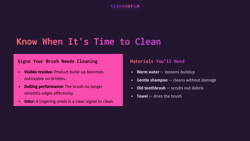 Bright Purple Background With Pink Highlighted Text Outlining Signs Your Brush Needs Cleaning And Materials Needed, Including Gentle Shampoo And A Towel.