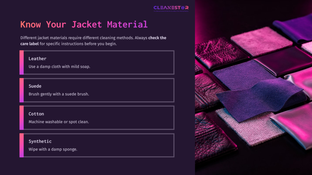 3 Know Your Jacket Material A Layout Of Fabric Swatches In Various Textures And Colors, With Cleaning Instructions For Different Jacket Materials On The Side.