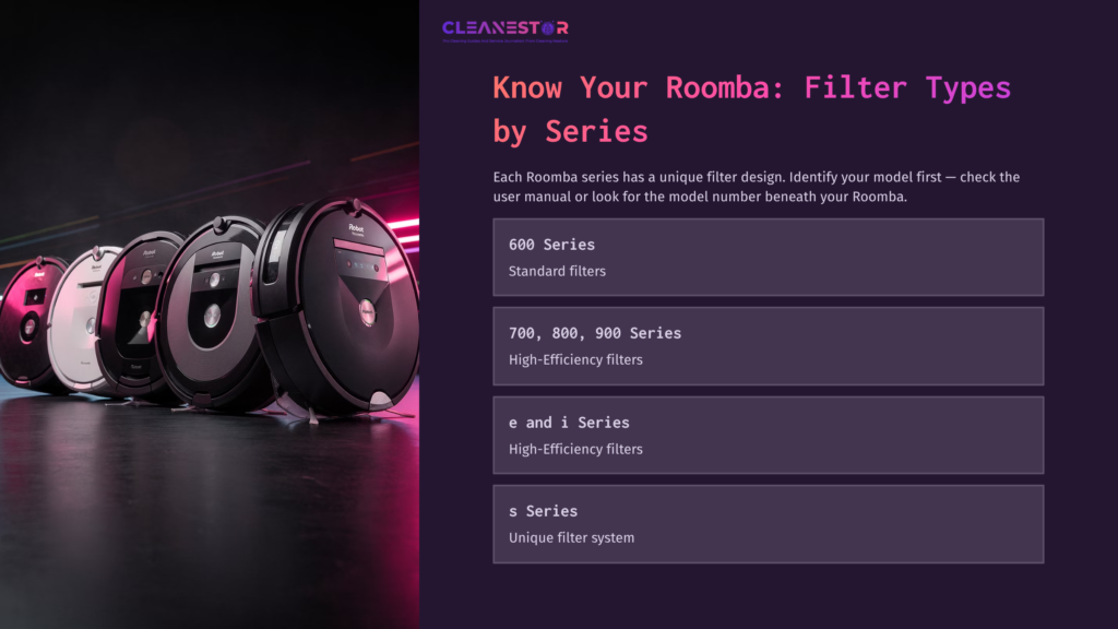 Roomba Vacuum Models Displayed In A Row, With A Dark Background Highlighting Various Filter Types And Series Information.