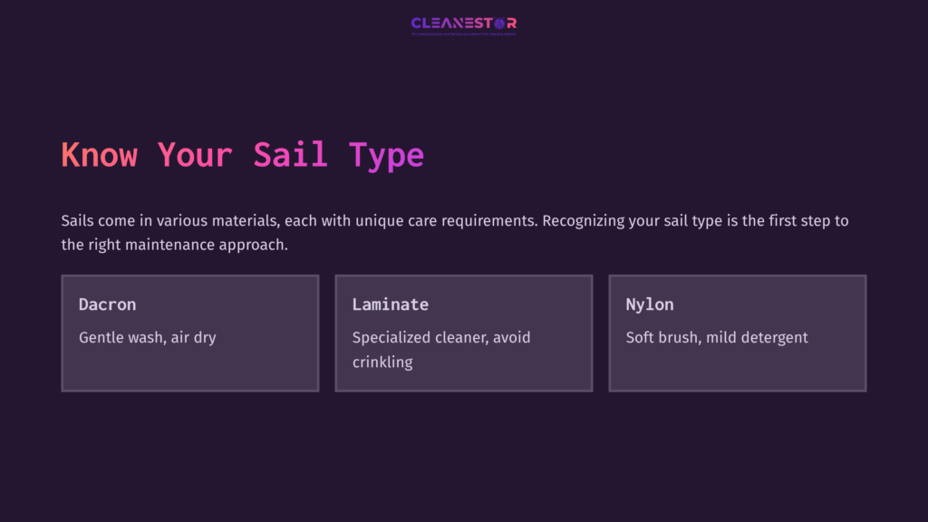 3 Know Your Sail Type Three Sail Types Displayed With Care Instructions: Dacron (Gentle Wash), Laminate (Specialized Cleaner), And Nylon (Soft Brush, Mild Detergent) On A Dark Purple Background.