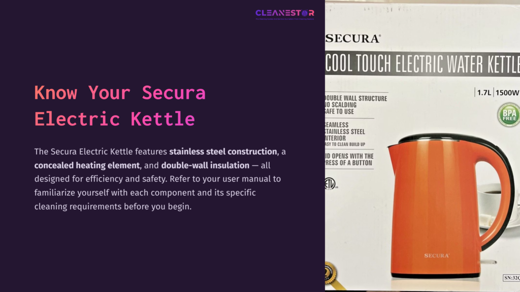 Orange Secura Electric Kettle With A Stainless Steel Base, Showcased Alongside Informational Text About Its Features And Cleaning Instructions.