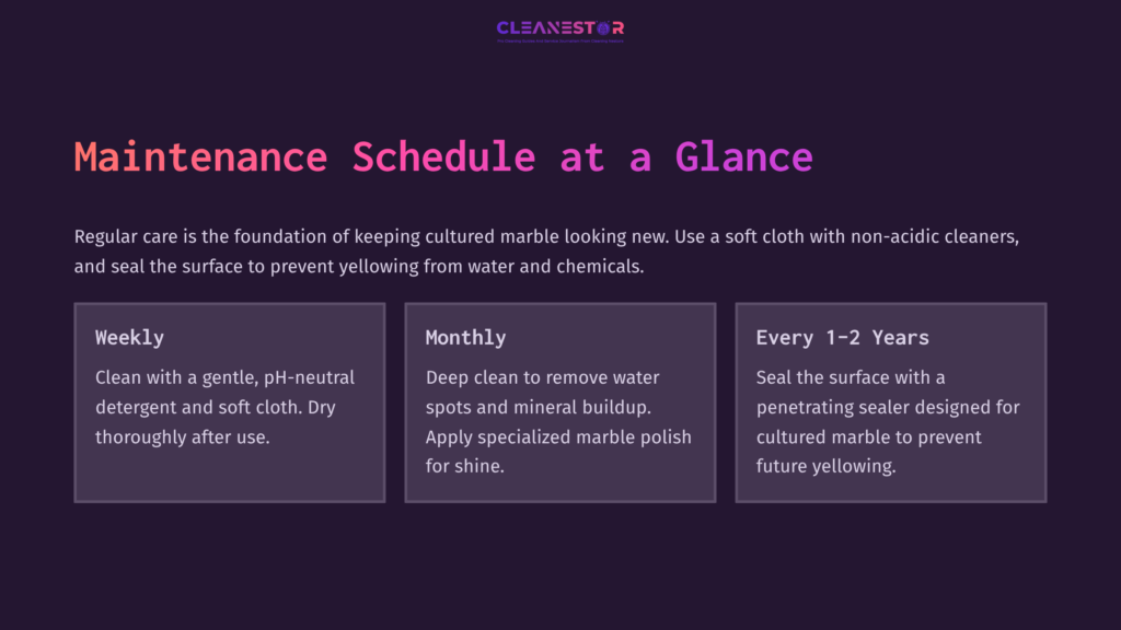 Text On A Dark Background Outlining A Maintenance Schedule For Cultured Marble, Emphasizing Cleaning Frequency And Product Recommendations.