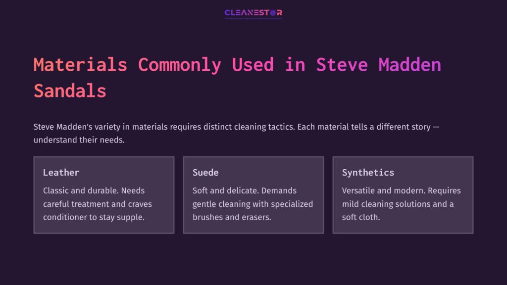 3 Materials Commonly Used In Steve Madden Sandals Textual Information On Cleaning Materials For Steve Madden Sandals: Leather, Suede, And Synthetics, With Descriptions Of Their Care Needs.