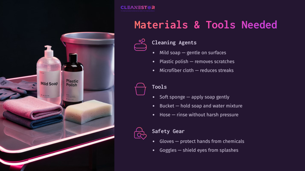 3 Materials And Tools Needed Graphic Displaying Cleaning Materials And Tools For Motorcycle Windshields, Including Bottles, Cloths, Sponges, And Safety Gear On A Dark Background.