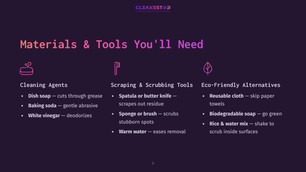 List Of Materials And Tools For Cleaning A Peanut Butter Jar, Featuring Icons For Scrapers, Brushes, And Eco-Friendly Options, On A Dark Background.