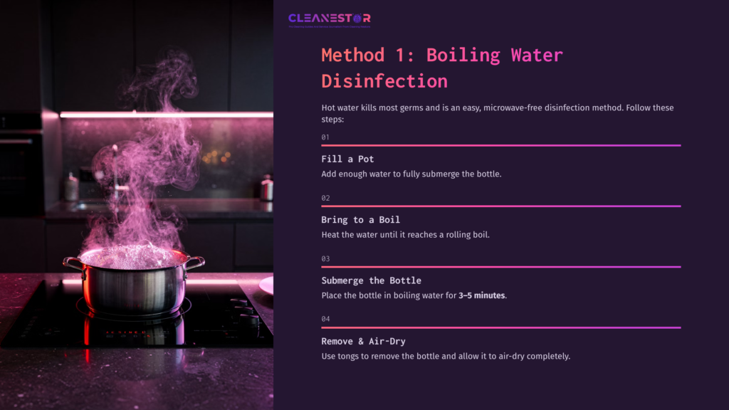 A Stainless Steel Pot On A Stovetop With Steam Rising, Accompanied By Instructions For Cleaning A Sinus Rinse Bottle Using Boiling Water.