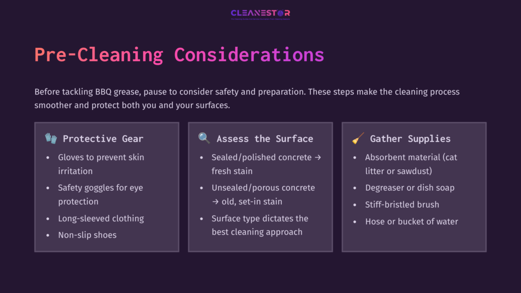 Text On A Dark Background Lists Pre-Cleaning Considerations, Including Protective Gear, Surface Assessment, And Supply Gathering Tips.