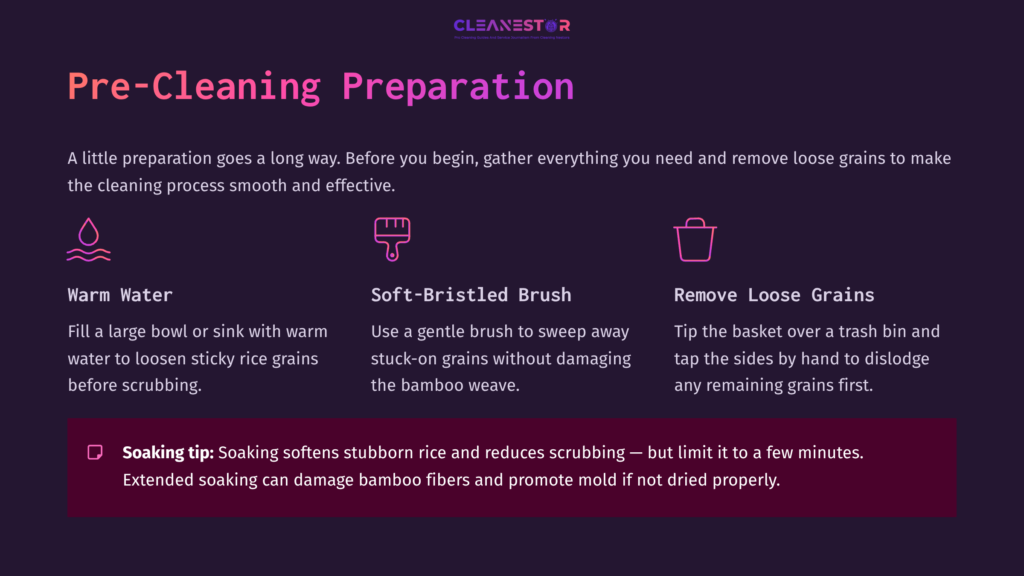 Preparation Steps For Cleaning Sticky Rice Baskets, Featuring Icons For Warm Water, A Soft-Bristled Brush, And Grain Removal Tips.