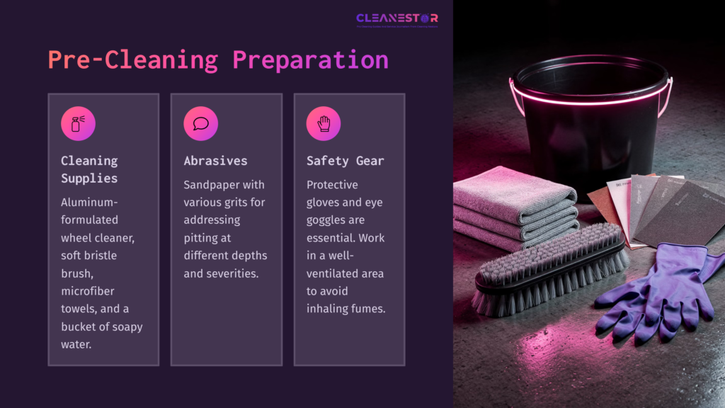 Cleaning Supplies And Safety Gear For Aluminum Wheels, Featuring A Bucket, Brushes, Sandpaper, And Rubber Gloves, Against A Dark Purple Background.