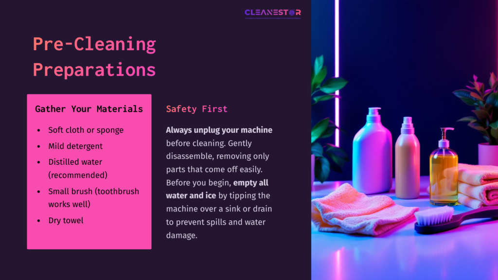 Instructions For Cleaning Donjoy Iceman On A Colorful Background, Featuring Cleaning Supplies Like Bottles, A Cloth, And A Toothbrush.