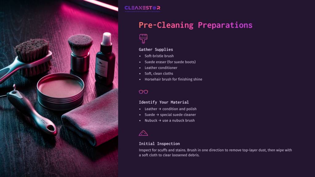Flat Lay Of Boot Cleaning Supplies: A Soft Brush, Leather Conditioner, Polish, Nubuck Brush, And A Cloth, On A Dark Background With Pink Lighting.