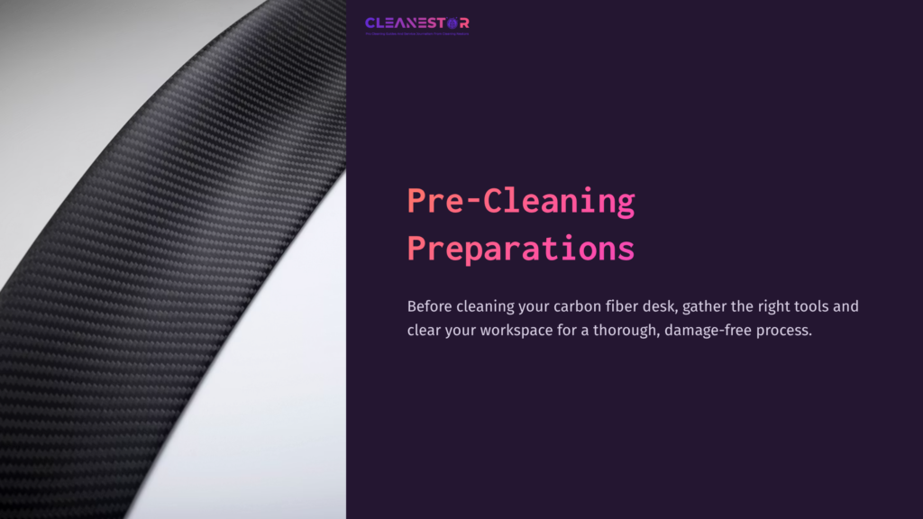 A Close-Up Of A Carbon Fiber Surface Next To A Dark Purple Background, With Text Highlighting Pre-Cleaning Preparations.