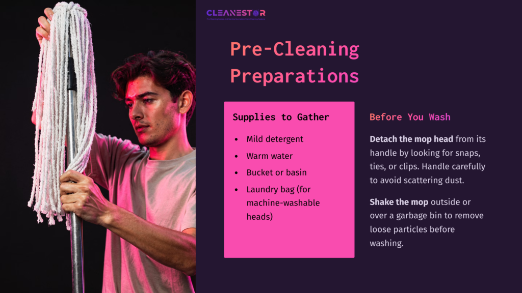 A Man Holding A Dust Mop With A Laundry Bag Nearby, Set Against A Purple And Pink Backdrop, Demonstrating Pre-Cleaning Preparations.
