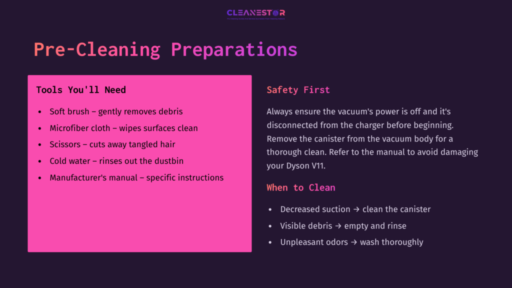 Instructions For Cleaning Dyson V11: Tools Listed In Pink And Black Text, Including A Soft Brush, Cloth, And Manual, With Safety Tips Highlighted.