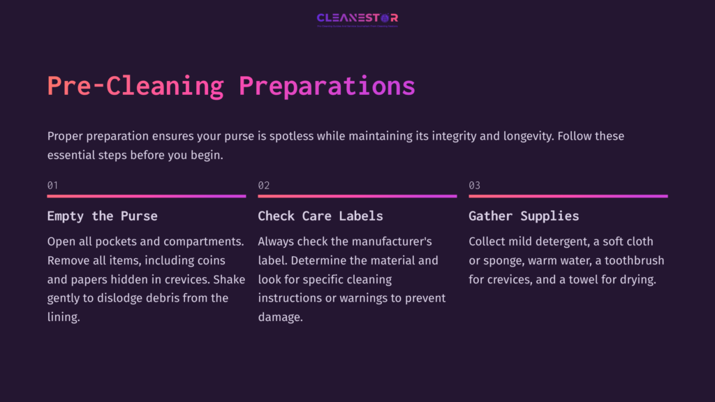 Illustration Detailing Steps For Cleaning A Baggallini Purse, Featuring Bold Text On A Purple Background Outlining Key Pre-Cleaning Preparations.