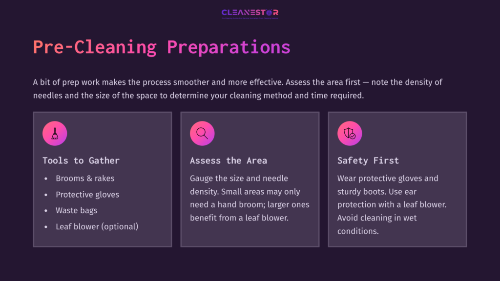 3 Pre Cleaning Preparations 6 Three Sections Provide Cleaning Tips: &Quot;Tools To Gather&Quot; With Broom Icons, &Quot;Assess The Area&Quot; With A Magnifying Glass, And &Quot;Safety First&Quot; With Safety Gear Icons, All On A Dark Purple Background.