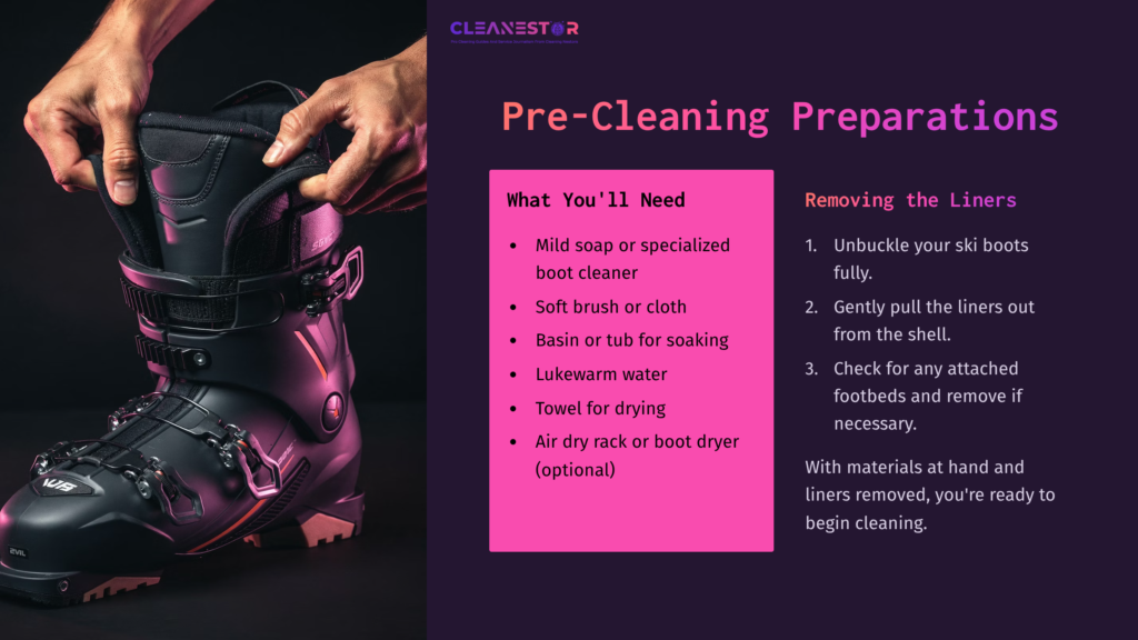 A Black Ski Boot Alongside Cleaning Supplies, Including A Brush, Towel, And Bowl Of Lukewarm Water, Set Against A Dark Background.