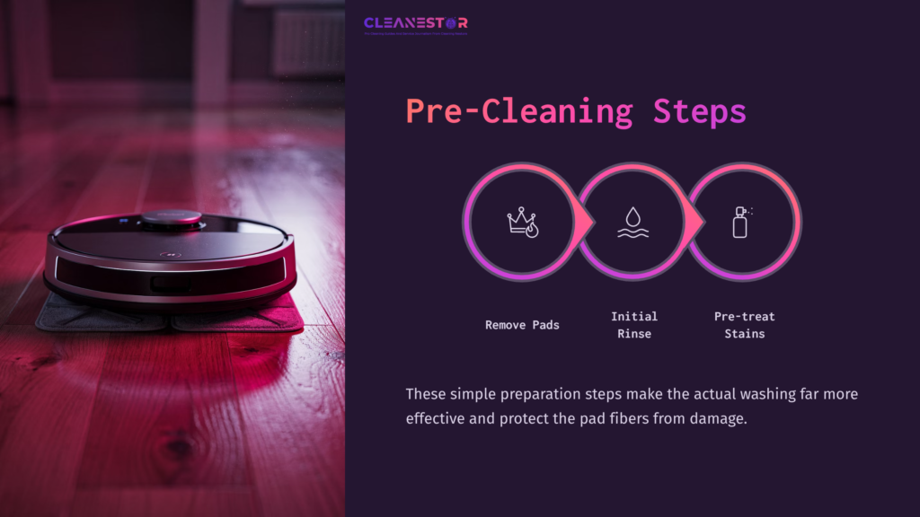 Black Irobot Mop On A Wooden Floor With Purple Lighting, Next To Three Circular Icons Detailing Pre-Cleaning Steps For Mop Pads.