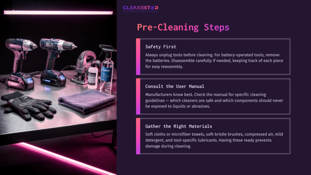 Tools And Cleaning Supplies On A Workbench, Featuring A Drill, Brushes, And Bottles. Neon Purple And Pink Accents Enhance Visibility.