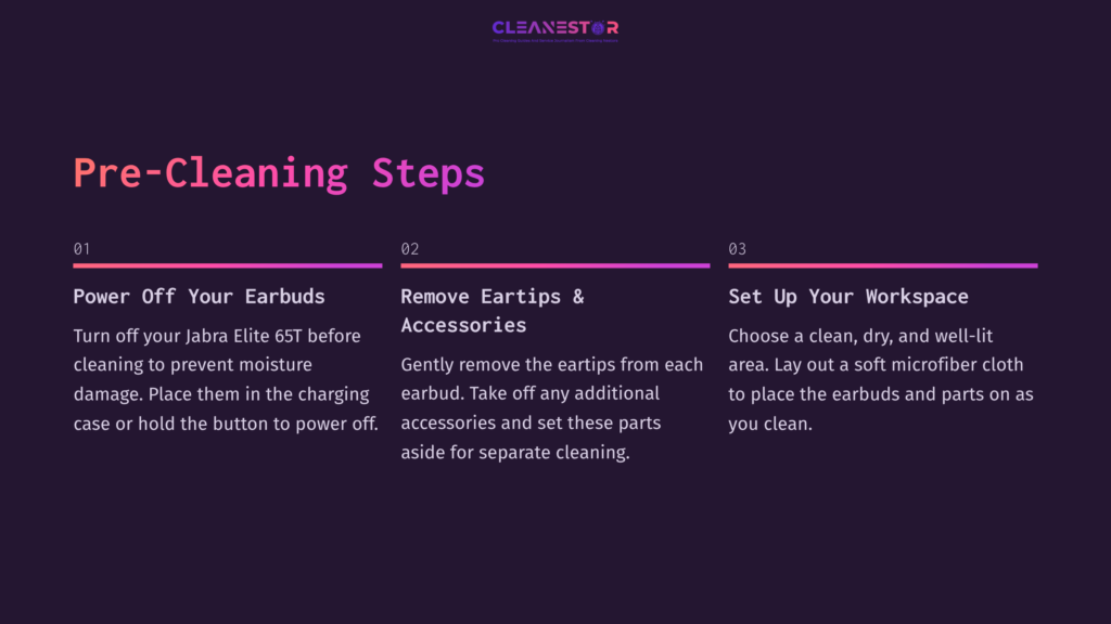 Purple Background With White Text Outlining Pre-Cleaning Steps For Jabra Elite 65T, Including Powering Off, Removing Earpieces, And Workspace Setup.