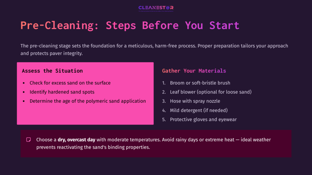 Bright Pink Box Highlights Cleaning Steps With Text About Assessing Paver Conditions. Background Features A Dark, Contrasting Layout And Icons For Materials.