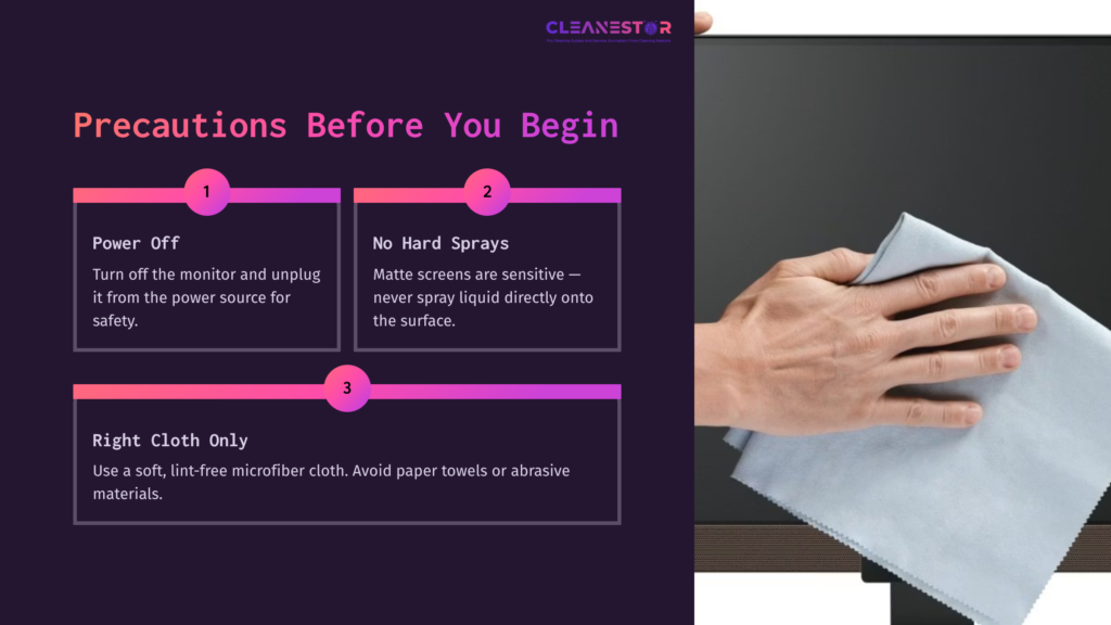 Hands Using A Microfiber Cloth To Clean A Matte Monitor, With Precautionary Instructions Listed In Pink And White Text On A Dark Background.