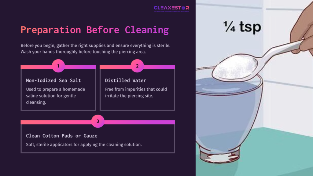 Preparation For Cleaning A Dermal Piercing With Non-Iodized Sea Salt, Distilled Water, And Cotton Pads, Illustrated With A Bowl.