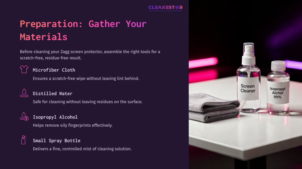 3 Preparation Gather Your Materials Purple Background With A List Of Cleaning Materials: Microfiber Cloth, Spray Bottles Of Screen Cleaner And Isopropyl Alcohol, And A Towel.