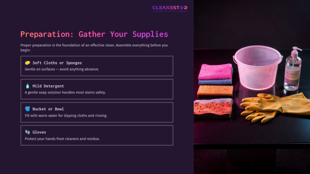 Colorful Sponges And Cloths, A Pink Bucket, A Spray Bottle, And Yellow Gloves On A Dark Background; Supplies For Cleaning.