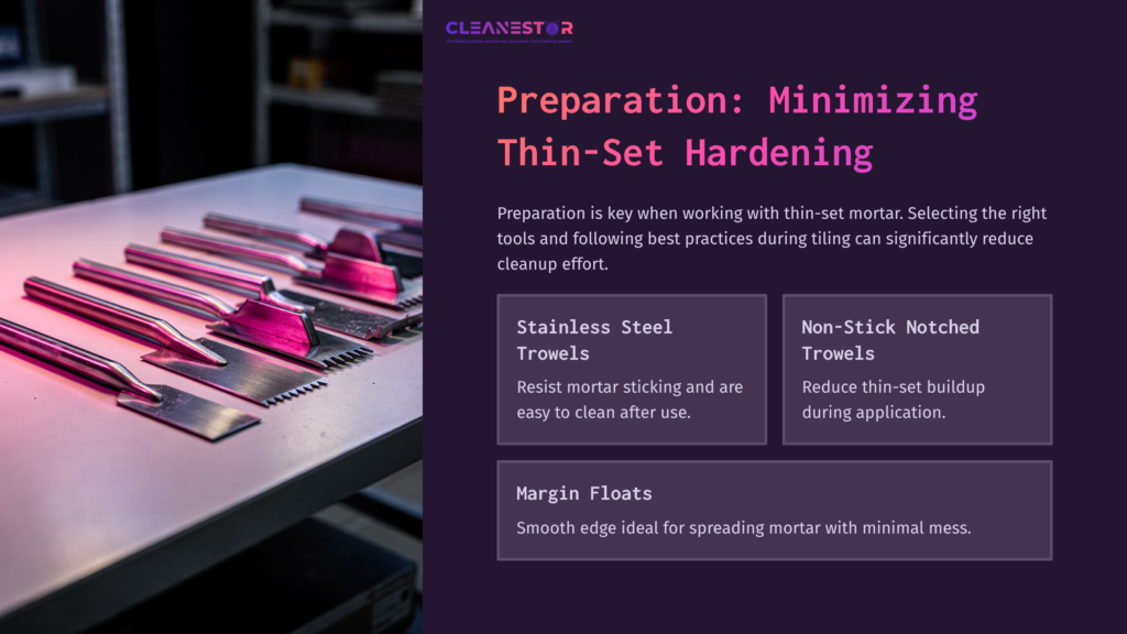 A Collection Of Stainless Steel Trowels And Margin Floats On A Workbench, Highlighted With A Purple Overlay And Text About Thin-Set Cleanup.