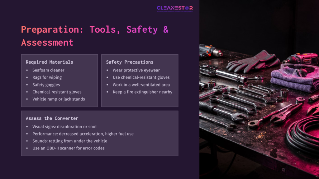 Purple-Tinted Layout Featuring Tools For Cleaning A Catalytic Converter, Including Seafoam Cleaner, Gloves, And Safety Instructions On A Workbench.