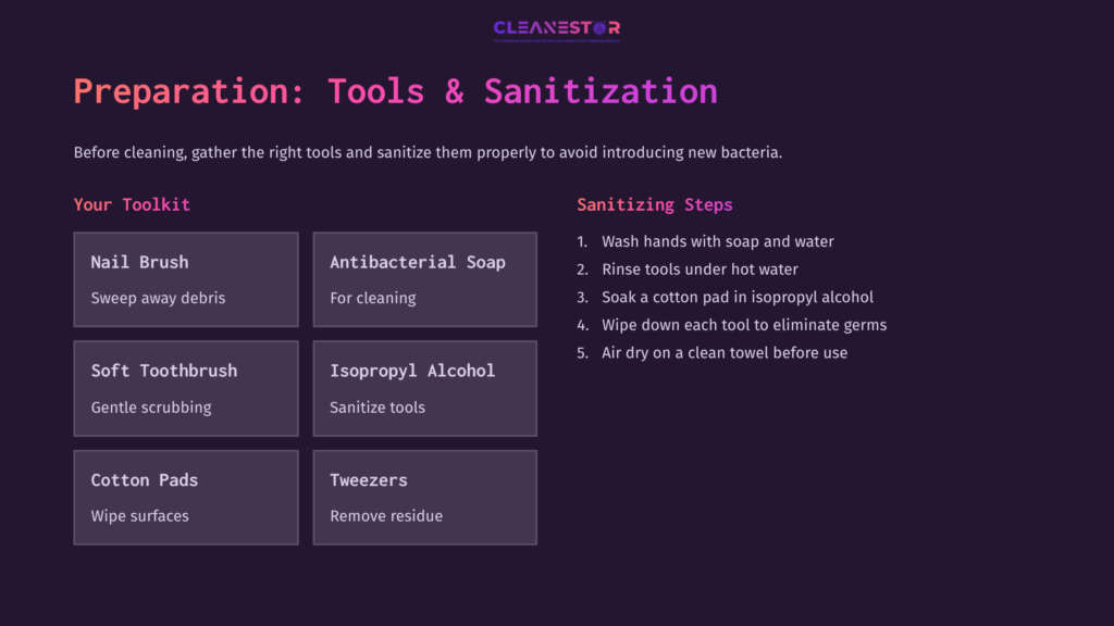 3 Preparation Tools And Sanitization Table Outlining Tools And Sanitization Steps For Cleaning Under Acrylic Nails, Featuring Items Like A Nail Brush, Antibacterial Soap, And Isopropyl Alcohol.