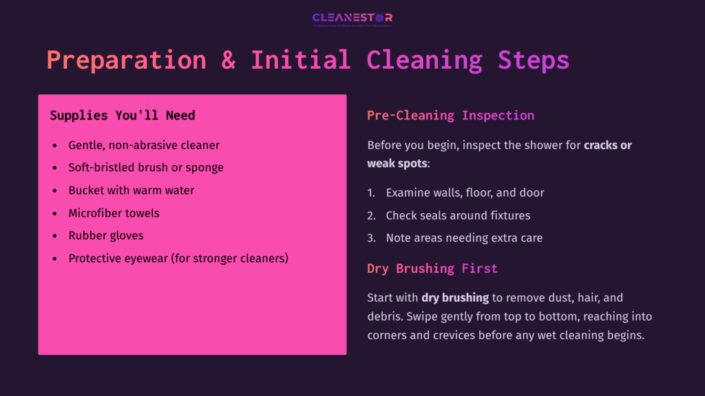 Supplies List For Cleaning A Plastic Rv Shower, Including Cleaner, Brush, Bucket, And Safety Gear, On A Purple And Pink Background.