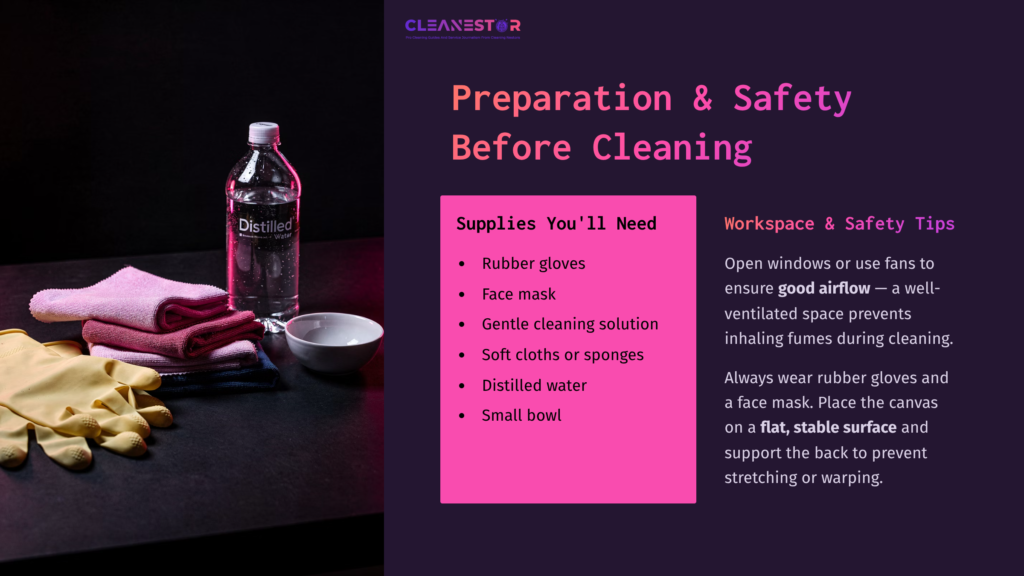Supplies For Cleaning Nicotine From Canvas: Rubber Gloves, Face Mask, Soft Cloths, Distilled Water, And A Small Bowl On A Dark Surface.