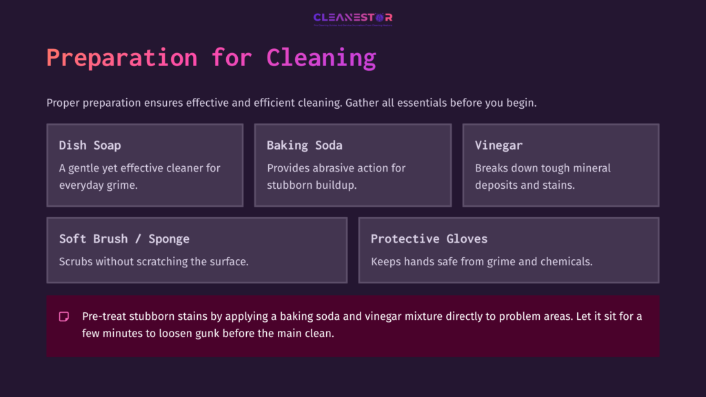 Text-Based Layout Featuring Cleaning Preparation Items: Dish Soap, Baking Soda, Vinegar, Soft Brush, Sponge, And Gloves With Instructions.