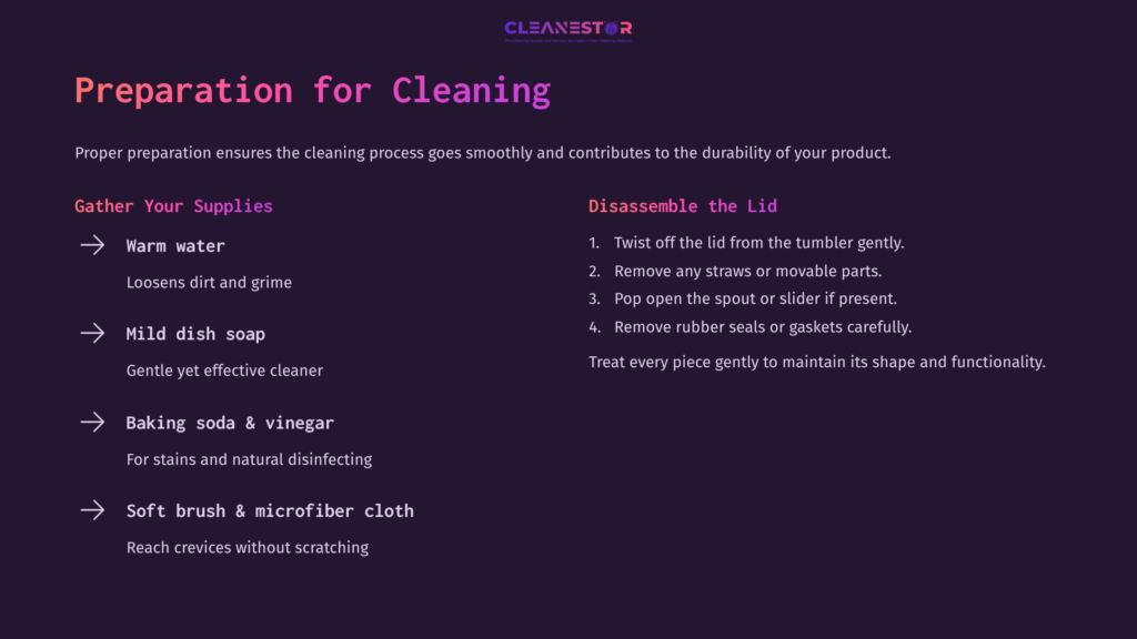 List Of Supplies And Steps For Cleaning A Swig Lid, Featuring Warm Water, Mild Dish Soap, Baking Soda, White Vinegar, And A Microfiber Cloth.
