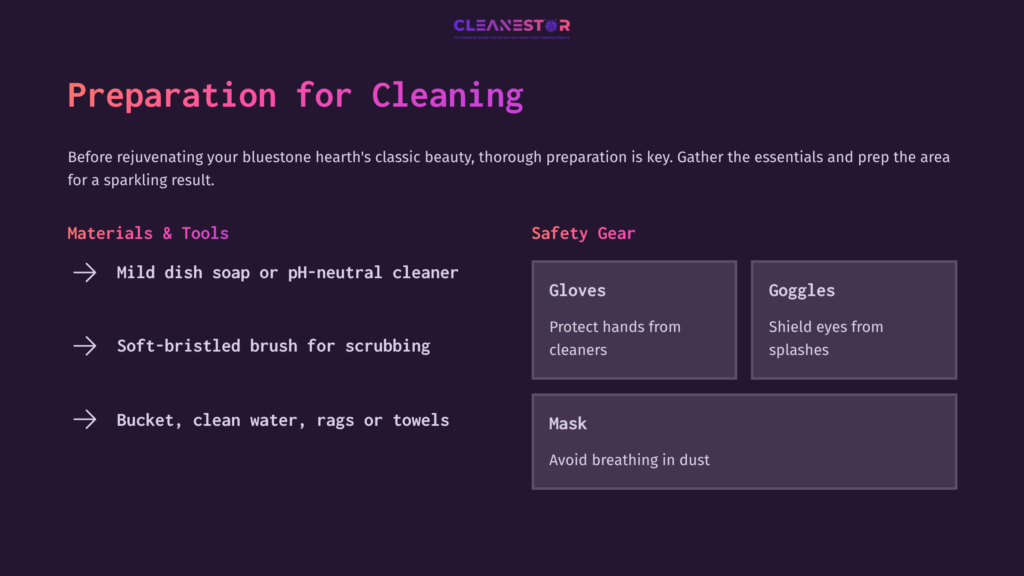 Text Layout On A Dark Background Outlining Cleaning Preparation For A Bluestone Hearth, With Sections For Materials, Safety Gear, And Instructions.