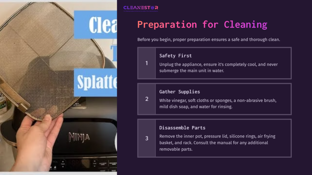 Ninja Foodi With A Disassembled Basket And Cleaning Supplies; Text Lists Preparation Steps For Cleaning, Featuring Purple And White Colors.