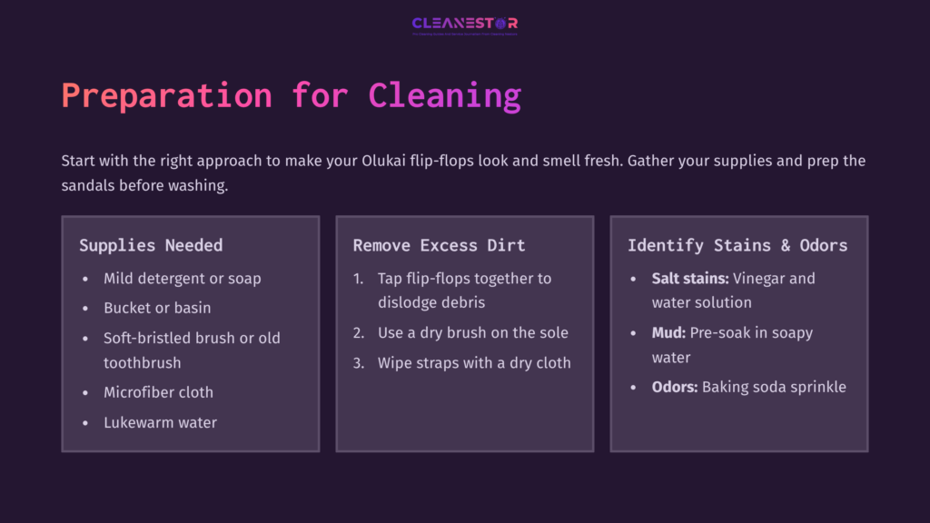 Instructions For Cleaning Olukai Flip-Flops, With Pink And White Text On A Dark Background Detailing Supplies And Steps.