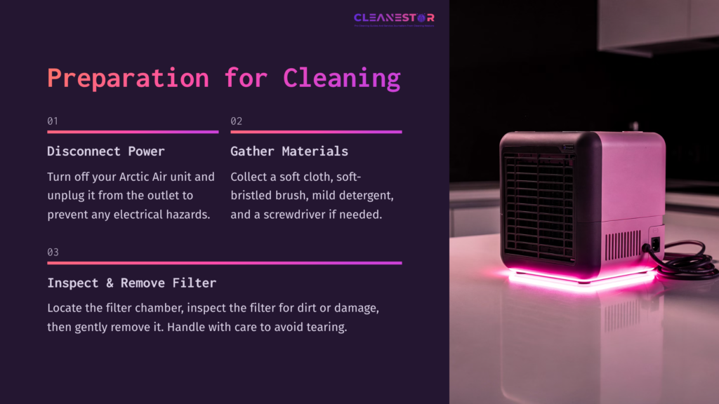 Preparation Steps For Cleaning An Arctic Air Filter, Featuring A Black Air Unit With Pink Led Lighting On A Reflective Surface.