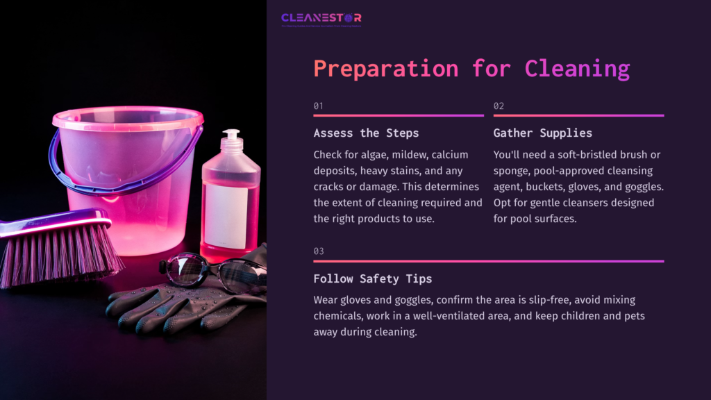 3 Preparation For Cleaning 18 A Bright Pink Bucket With Cleaning Supplies, Gloves, And Goggles On A Dark Background; Instructional Text Outlines Pool Cleaning Steps.