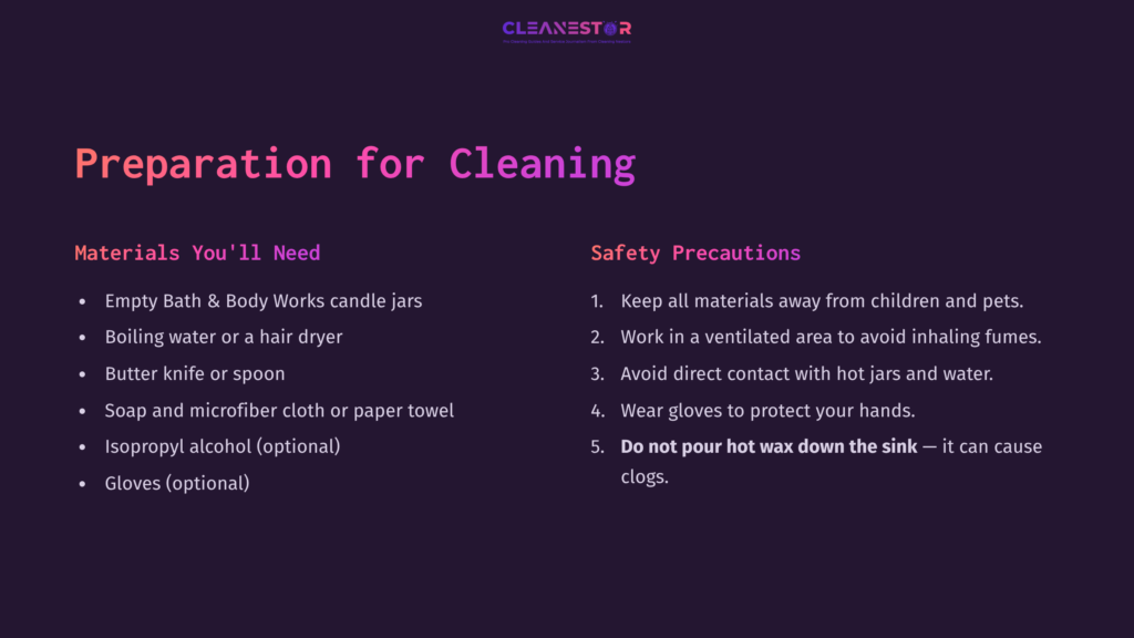 Text On A Dark Purple Background Outlines Materials Needed For Cleaning Bath And Body Works Candle Jars And Safety Precautions In Pink And White Font.