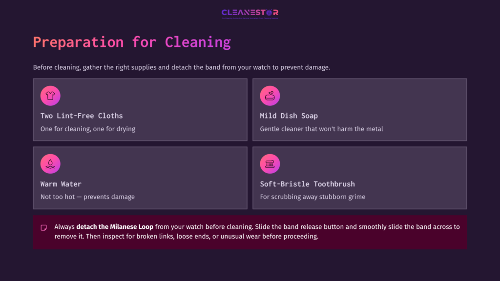 Four Rectangular Boxes On A Dark Purple Background. Each Box Contains Cleaning Supplies: Lint-Free Cloths, Mild Dish Soap, Warm Water, And A Toothbrush.